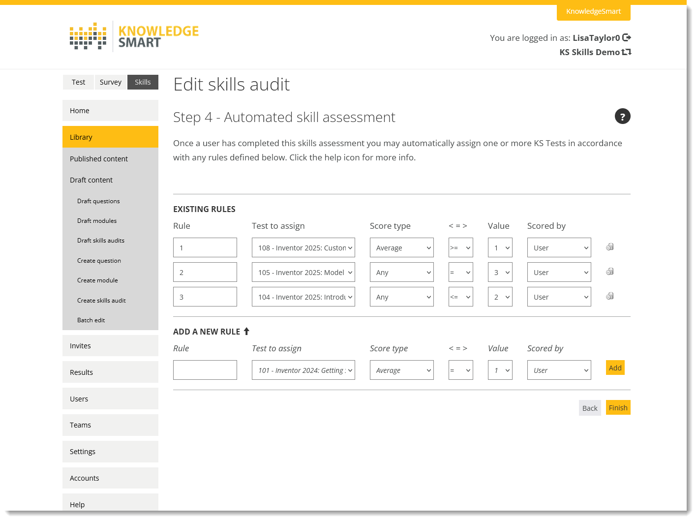 An example Skills audit rating triggering an automatically assigned test