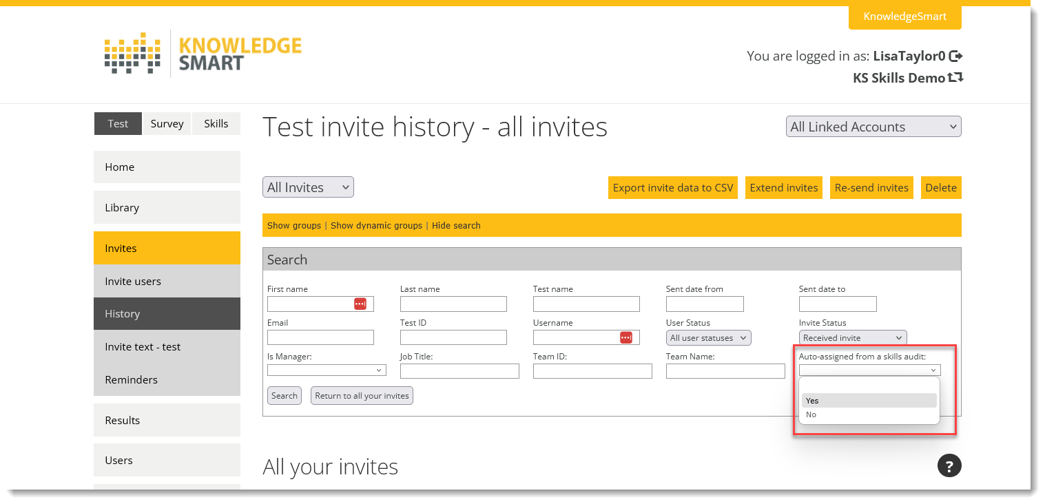 The Auto-assigned from a skills audit filter on Invite History