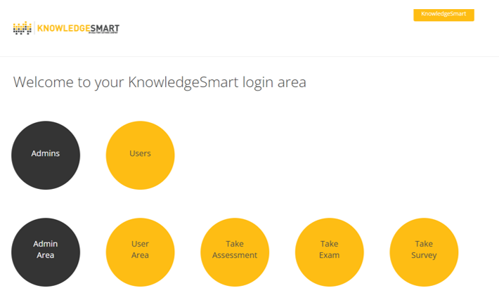The KnowledgeSmart Customer Login page, with the Admin Area option selected under Admins