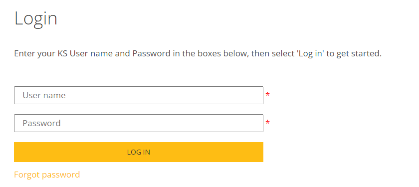 The KnowledgeSmart login page, showing the Username and Password fields and the orange LOG IN button