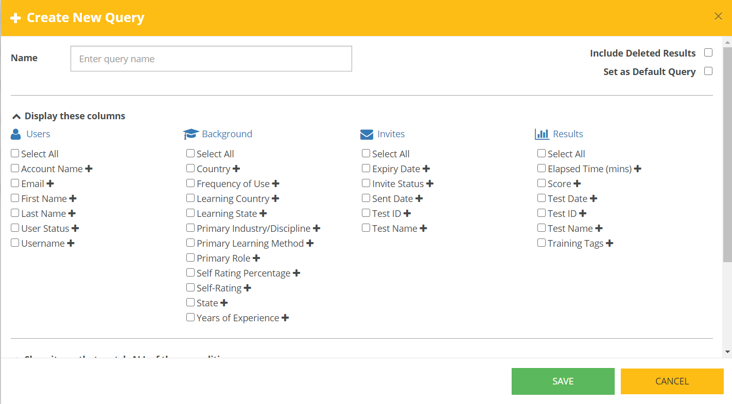 Available data fields when creating a query