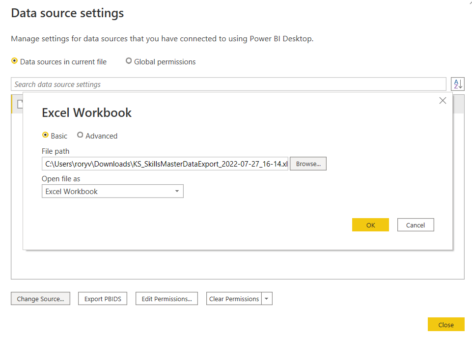The Change source dialog